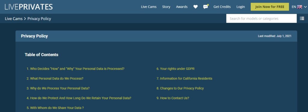Screenshot LivePrivates Privacy Policy