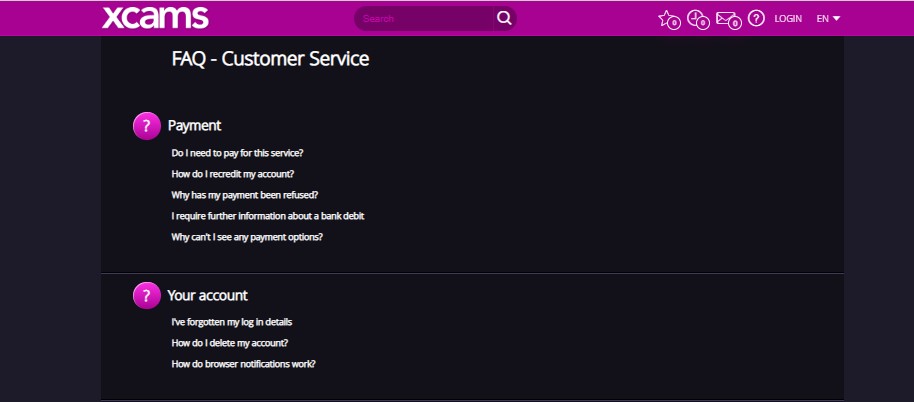 Screenshot Xcams FAQ Page