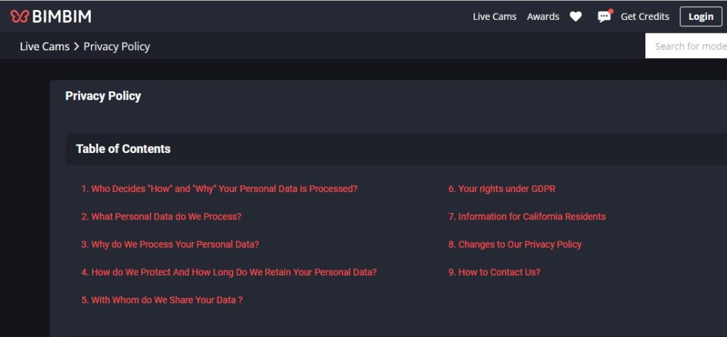 Screenshot BimBim Privacy Policy