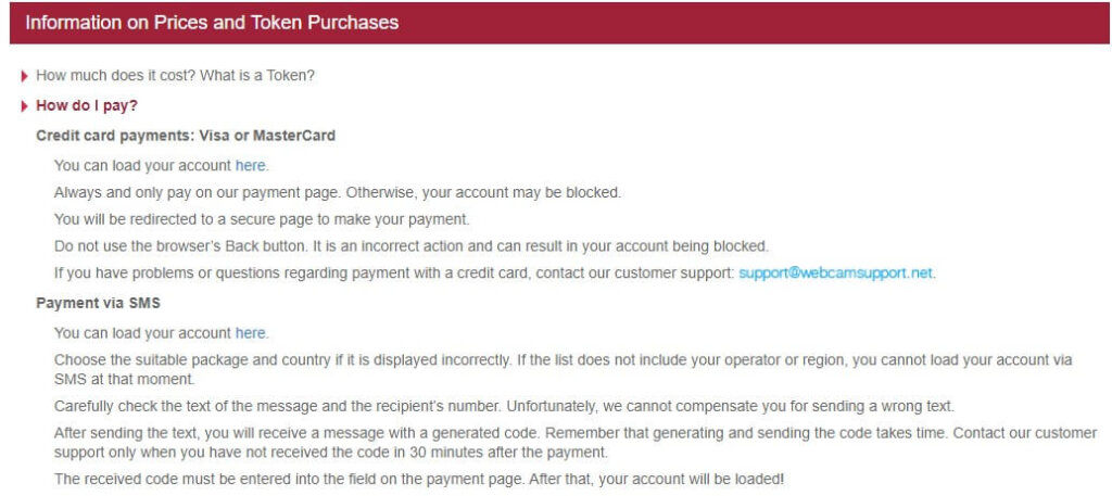 Screenshot Royalcams FAQ Payment